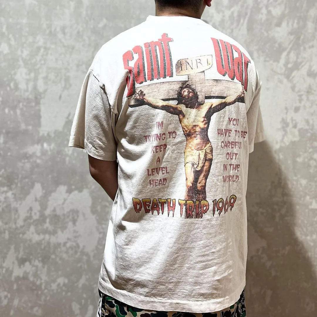 SAINT MICHAEL SAINT WAR TEE/WHAT new style Jesus cross retro short-sleeved, off-white S-XL, ready-to-wear, washed and distressed, printed repeatedly and modified, tube-woven seamless fabric, with little angel anti-counterfeiting label
